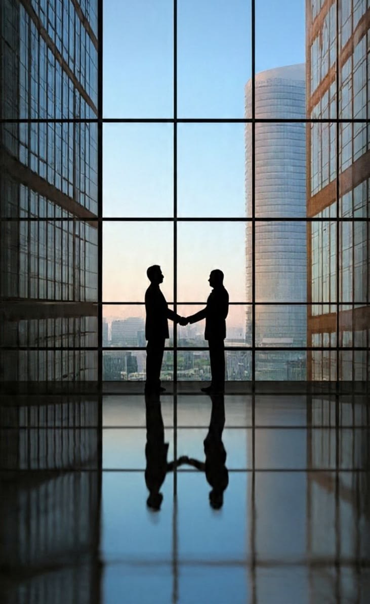 Dois executivos apertando as mãos em um ambiente corporativo